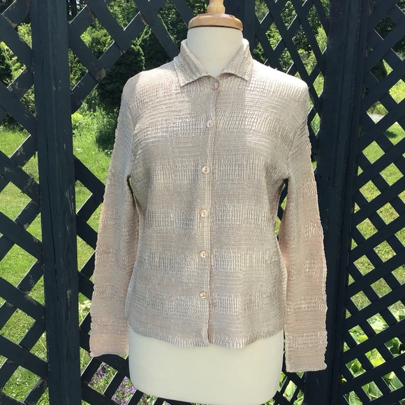 Pile Ou Face Paris Y2K Crinkle Pleated Stretch Gold Knit ButtonUp Blouse OS EUC - Picture 1 of 8